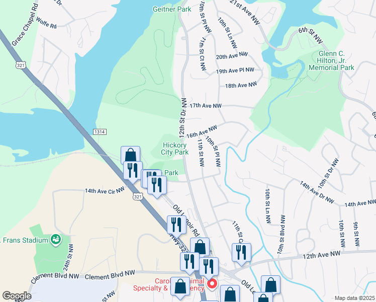 map of restaurants, bars, coffee shops, grocery stores, and more near 1564 12th Street Drive Northwest in Hickory