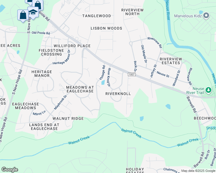 map of restaurants, bars, coffee shops, grocery stores, and more near 1724 River Knoll Drive in Raleigh
