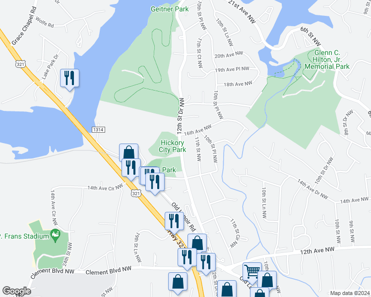 map of restaurants, bars, coffee shops, grocery stores, and more near 1564 12th Street Drive Northwest in Hickory