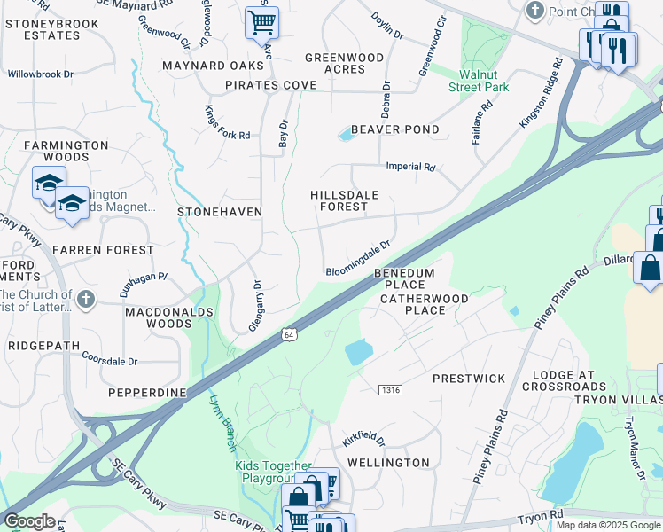 map of restaurants, bars, coffee shops, grocery stores, and more near 1326 Bloomingdale Drive in Cary