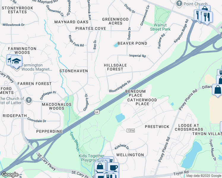 map of restaurants, bars, coffee shops, grocery stores, and more near 1326 Bloomingdale Drive in Cary