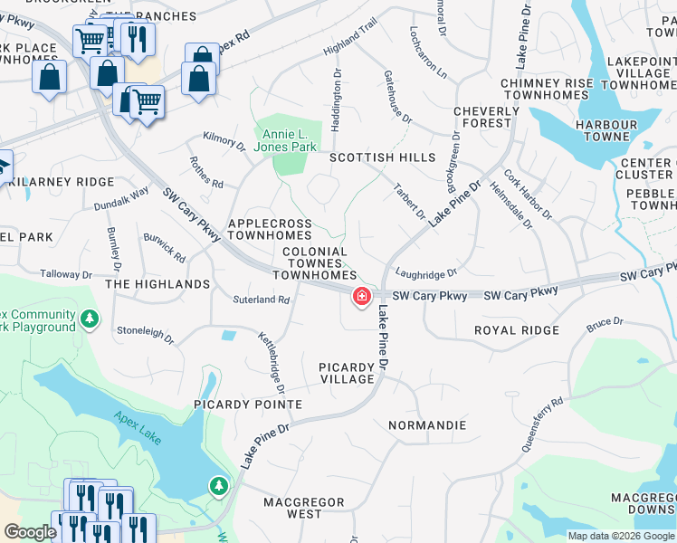 map of restaurants, bars, coffee shops, grocery stores, and more near 1110 Southwest Cary Parkway in Cary