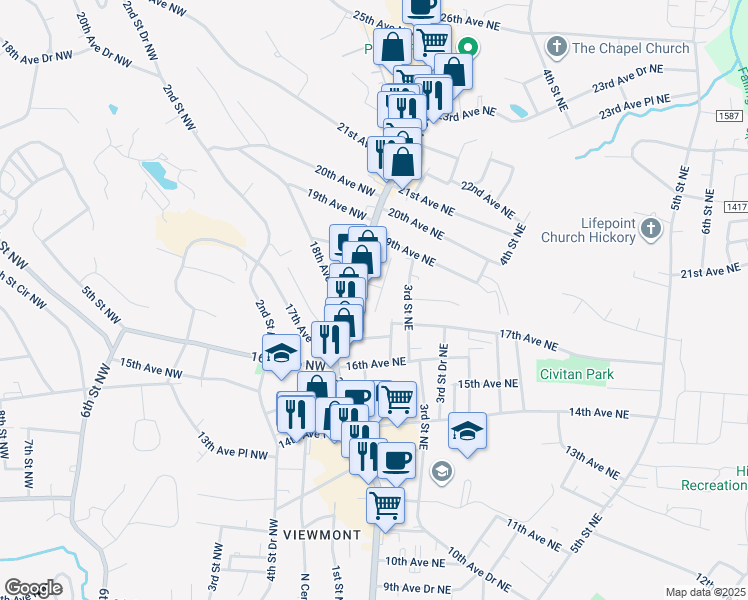 map of restaurants, bars, coffee shops, grocery stores, and more near 1729 2nd Street Place Northeast in Hickory