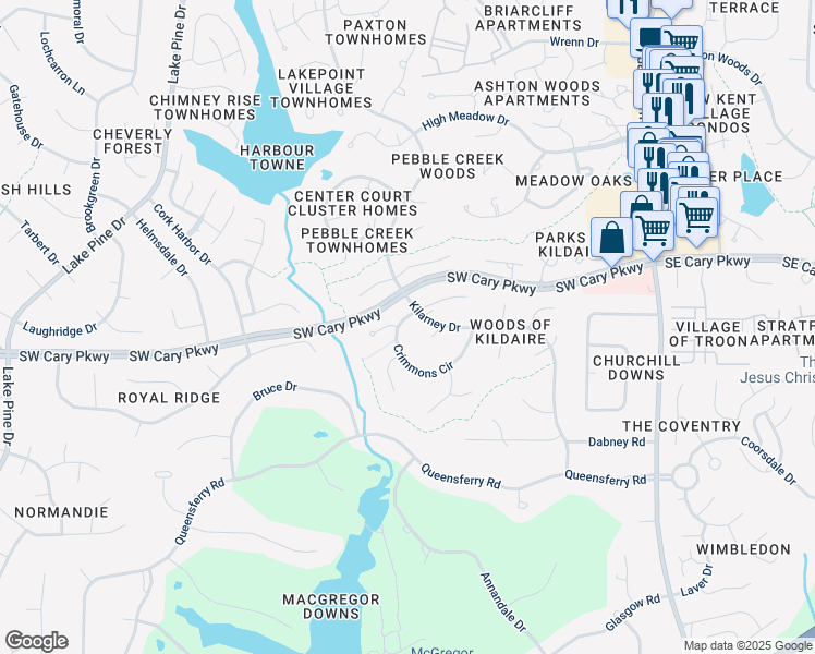 map of restaurants, bars, coffee shops, grocery stores, and more near 306 Crimmons Circle in Cary