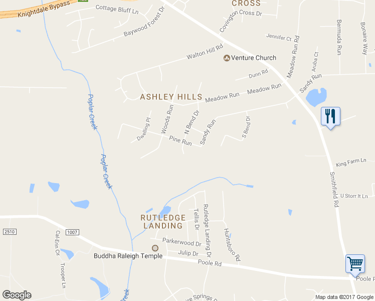 map of restaurants, bars, coffee shops, grocery stores, and more near 403 North Bend Drive in Knightdale