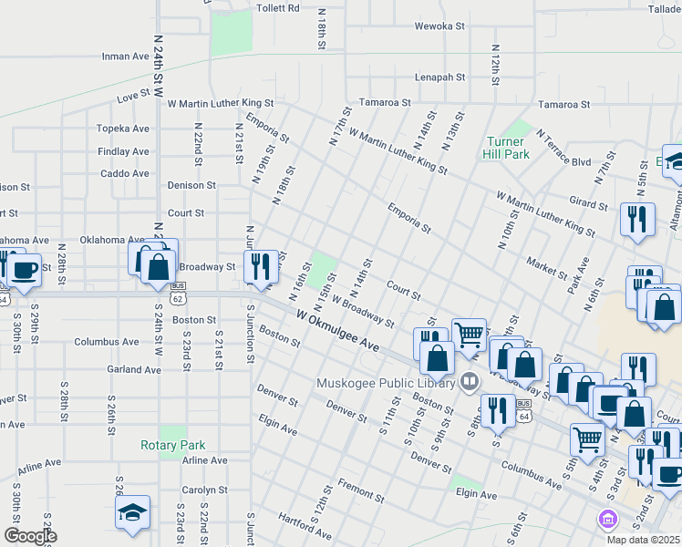 map of restaurants, bars, coffee shops, grocery stores, and more near 224 North 15th Street in Muskogee