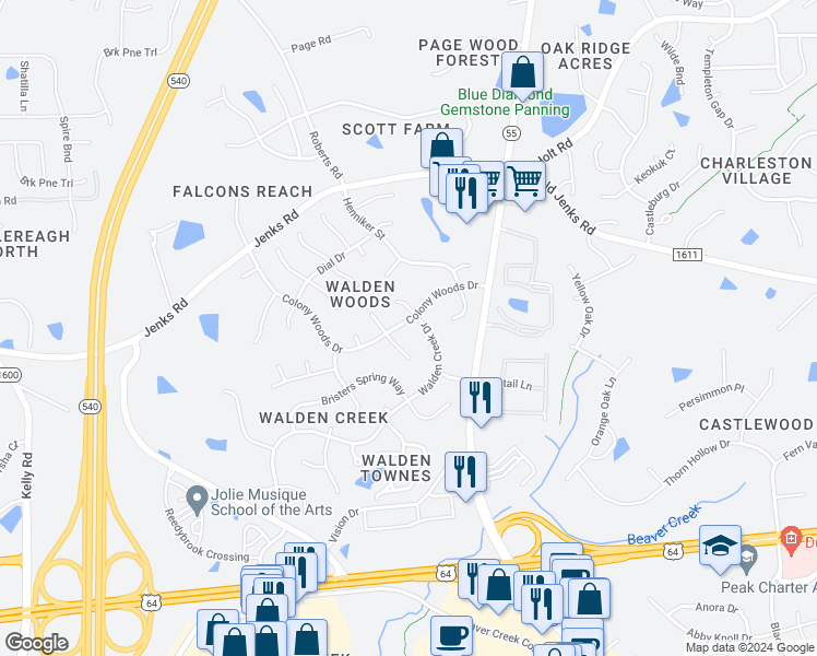 map of restaurants, bars, coffee shops, grocery stores, and more near 2303 Colony Woods Drive in Apex