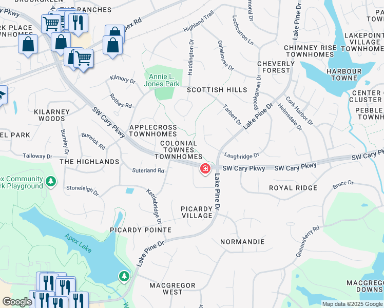 map of restaurants, bars, coffee shops, grocery stores, and more near 1110 Southwest Cary Parkway in Cary