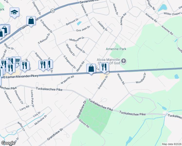 map of restaurants, bars, coffee shops, grocery stores, and more near 2426 East Lamar Alexander Parkway in Maryville