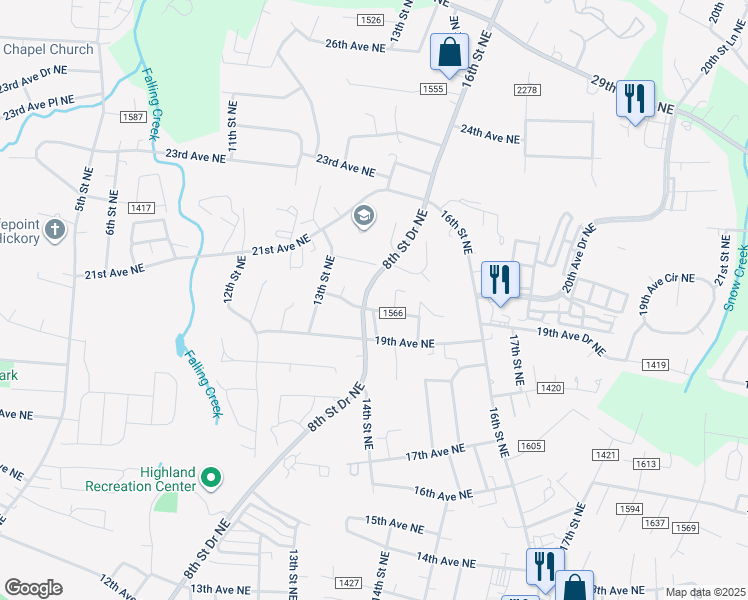 map of restaurants, bars, coffee shops, grocery stores, and more near 1401 20th Avenue Northeast in Hickory
