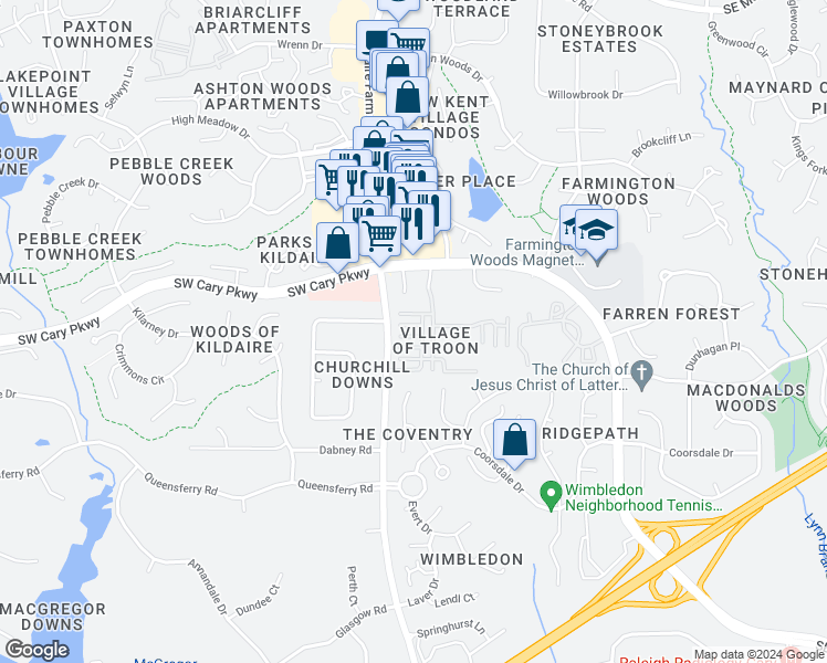map of restaurants, bars, coffee shops, grocery stores, and more near 316 Troon Village Lane in Cary