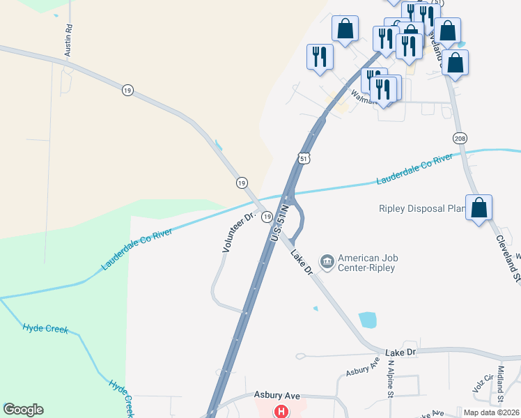 map of restaurants, bars, coffee shops, grocery stores, and more near 51 Tennessee 19 in Ripley