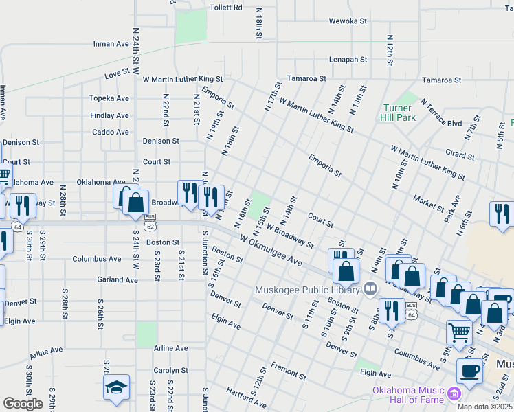 map of restaurants, bars, coffee shops, grocery stores, and more near 1601 West Broadway Street in Muskogee