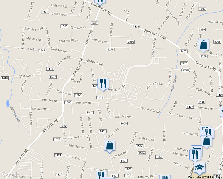 map of restaurants, bars, coffee shops, grocery stores, and more near 1830 20th Avenue Drive Northeast in Hickory