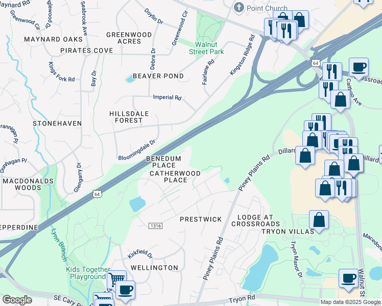 map of restaurants, bars, coffee shops, grocery stores, and more near 132 Benedum Place in Cary