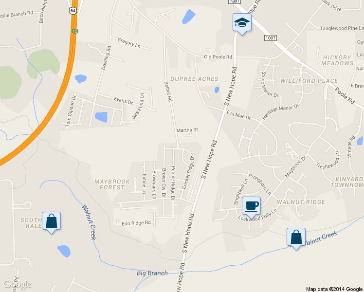 map of restaurants, bars, coffee shops, grocery stores, and more near 1335 Cricket Ridge Drive in Raleigh