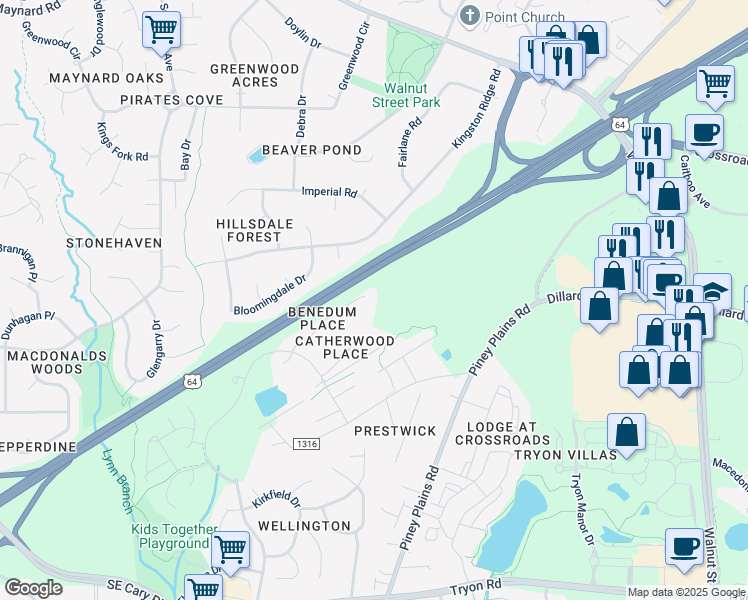 map of restaurants, bars, coffee shops, grocery stores, and more near 132 Benedum Place in Cary