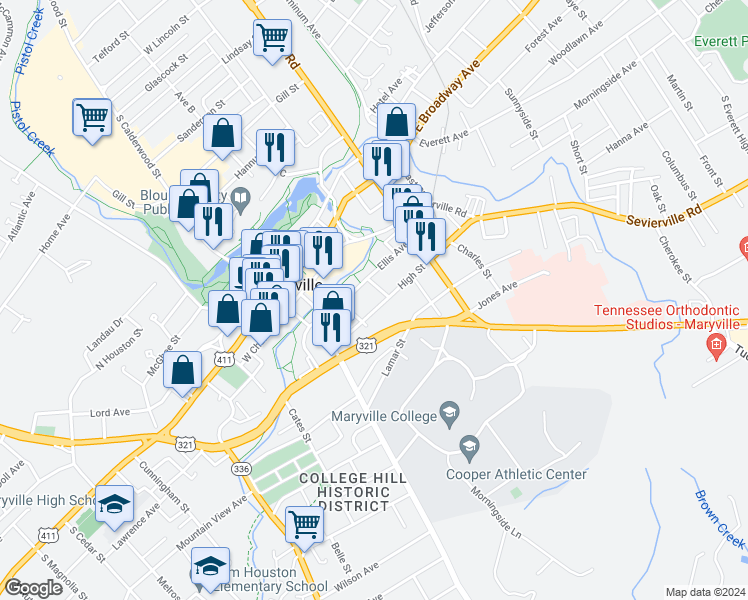 map of restaurants, bars, coffee shops, grocery stores, and more near 315 High St in Maryville