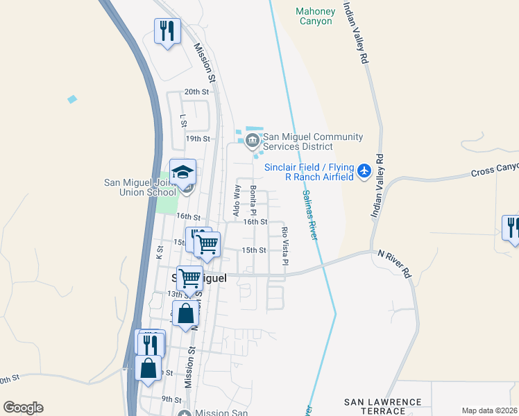 map of restaurants, bars, coffee shops, grocery stores, and more near 720 Crispin Avenue in San Miguel