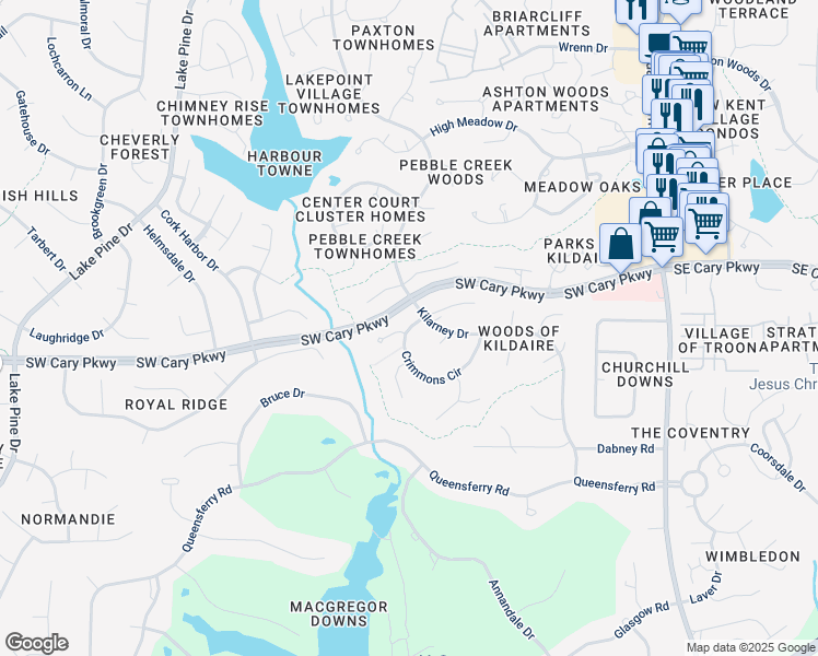 map of restaurants, bars, coffee shops, grocery stores, and more near 306 Crimmons Circle in Cary