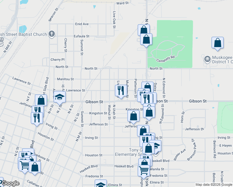 map of restaurants, bars, coffee shops, grocery stores, and more near 1115 Live Oak Street in Muskogee