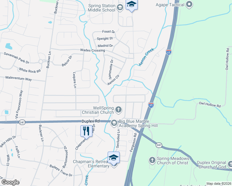 map of restaurants, bars, coffee shops, grocery stores, and more near 4066 Locerbie Circle in Spring Hill