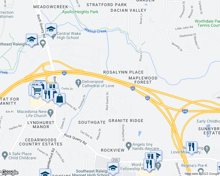 map of restaurants, bars, coffee shops, grocery stores, and more near 1414 Southgate Drive in Raleigh