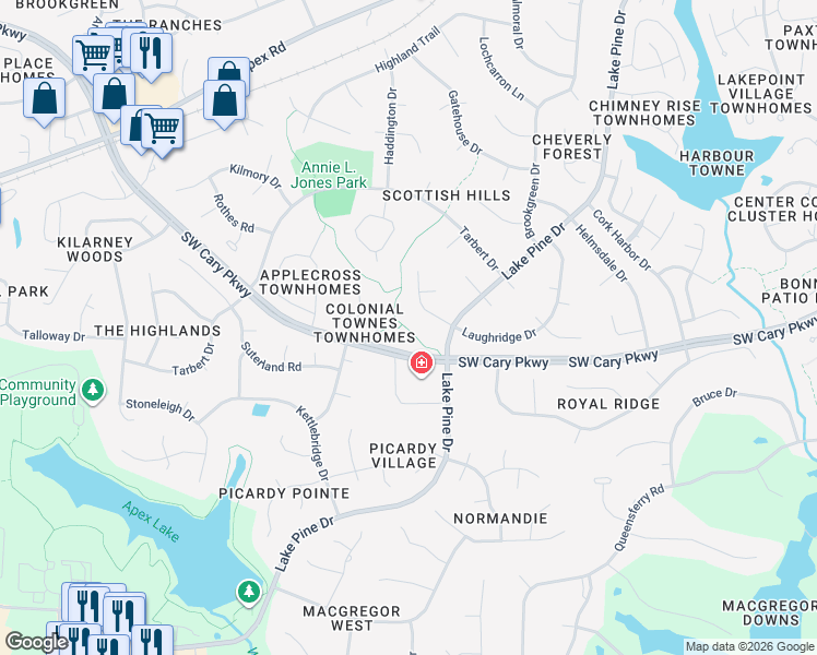 map of restaurants, bars, coffee shops, grocery stores, and more near 1110 Southwest Cary Parkway in Cary