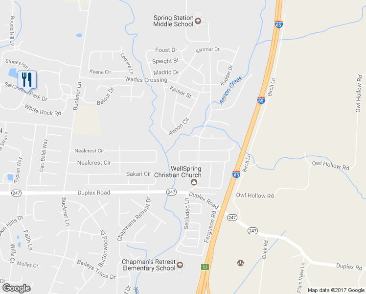 map of restaurants, bars, coffee shops, grocery stores, and more near 4066 Locerbie Circle in Spring Hill