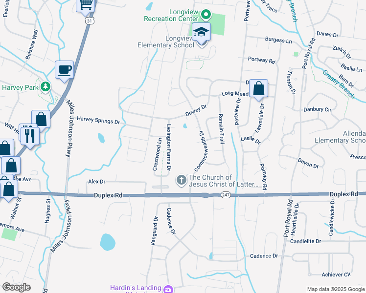 map of restaurants, bars, coffee shops, grocery stores, and more near 1028 Lexington Farms Drive in Spring Hill