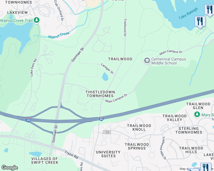 map of restaurants, bars, coffee shops, grocery stores, and more near 1605 Claiborne Court in Raleigh
