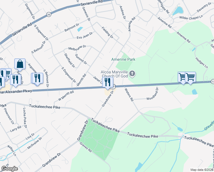 map of restaurants, bars, coffee shops, grocery stores, and more near 2426 East Lamar Alexander Parkway in Maryville