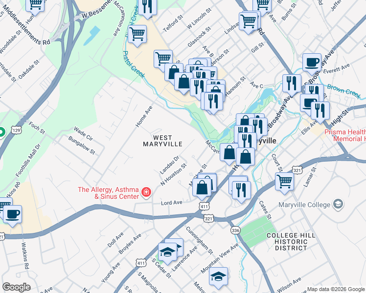 map of restaurants, bars, coffee shops, grocery stores, and more near 337 Landau Drive in Maryville