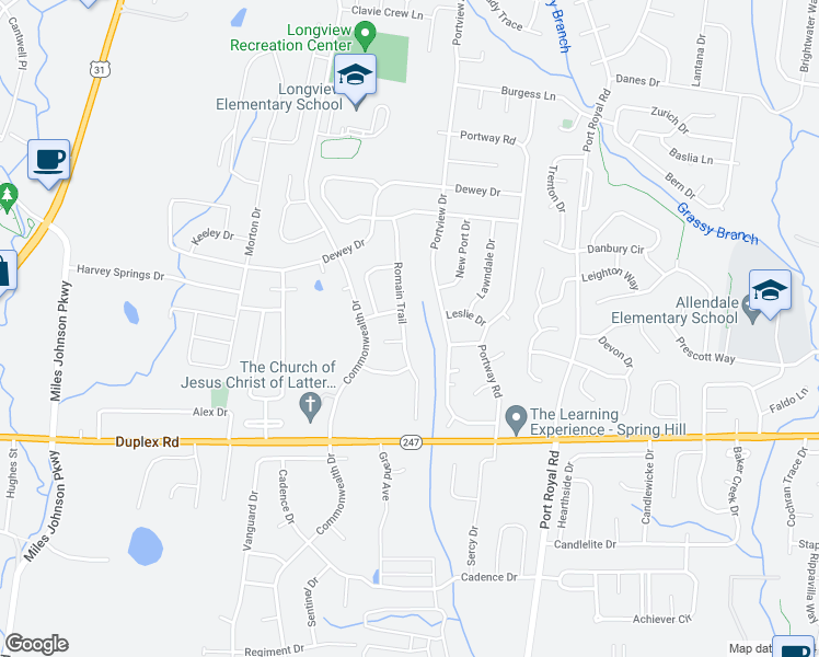 map of restaurants, bars, coffee shops, grocery stores, and more near 3039 Romain Trail in Spring Hill