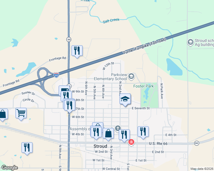 map of restaurants, bars, coffee shops, grocery stores, and more near 315 West 9th Street in Stroud