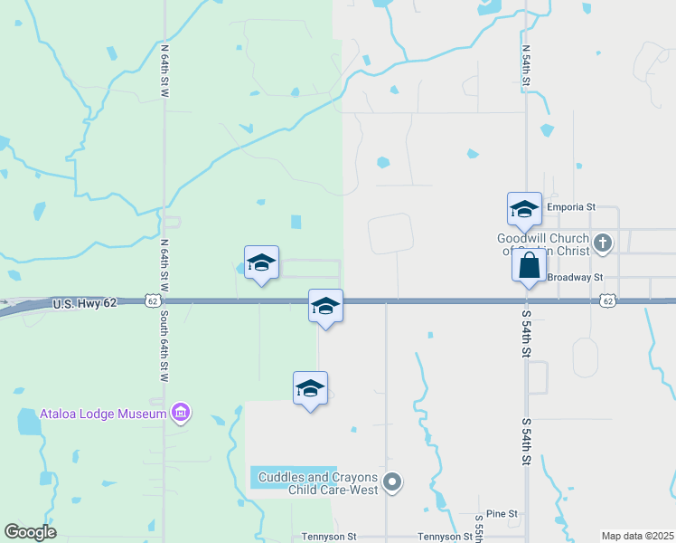 map of restaurants, bars, coffee shops, grocery stores, and more near 6001 West Broadway Street in Muskogee