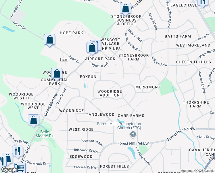 map of restaurants, bars, coffee shops, grocery stores, and more near 3306 Blenheim Place Northwest in Wilson