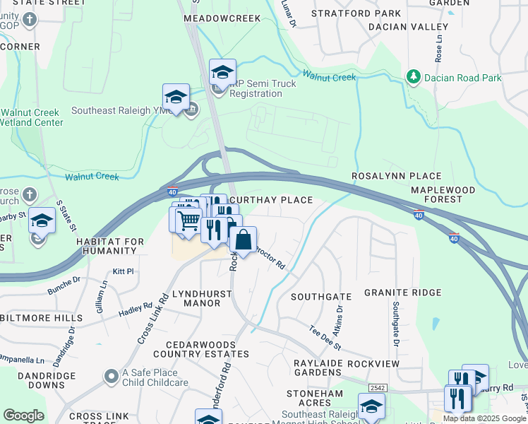 map of restaurants, bars, coffee shops, grocery stores, and more near 1620 Curtis Drive in Raleigh