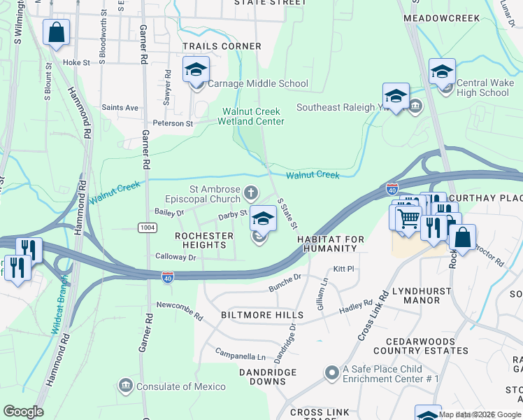 map of restaurants, bars, coffee shops, grocery stores, and more near 806 Calloway Drive in Raleigh