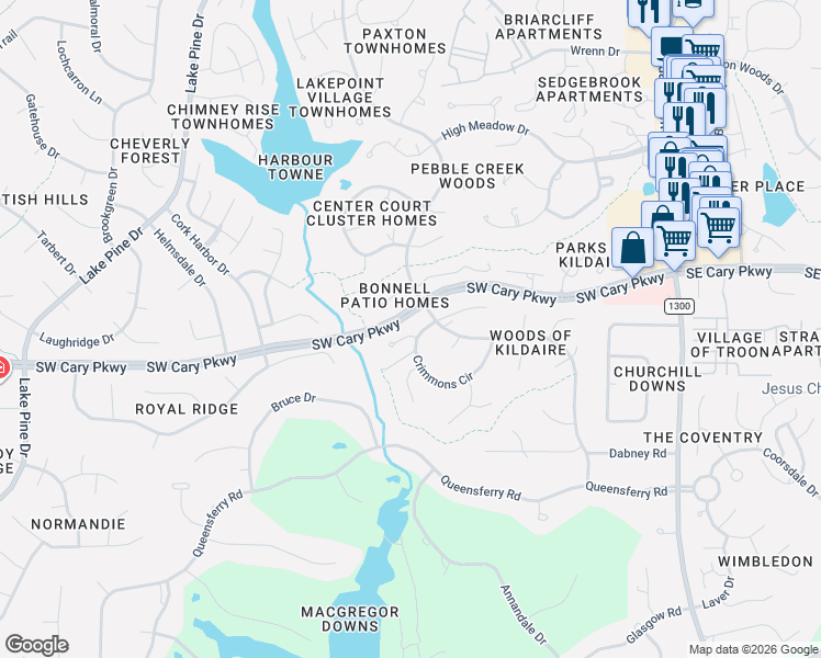 map of restaurants, bars, coffee shops, grocery stores, and more near 303 Crimmons Circle in Cary