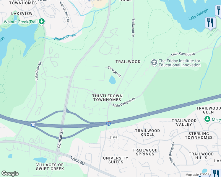 map of restaurants, bars, coffee shops, grocery stores, and more near 1606 Claiborne Court in Raleigh