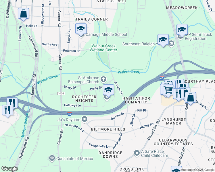 map of restaurants, bars, coffee shops, grocery stores, and more near 848 Darby Street in Raleigh