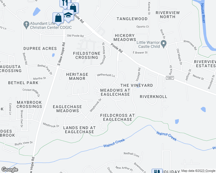 map of restaurants, bars, coffee shops, grocery stores, and more near 1717 Netherfield Lane in Raleigh