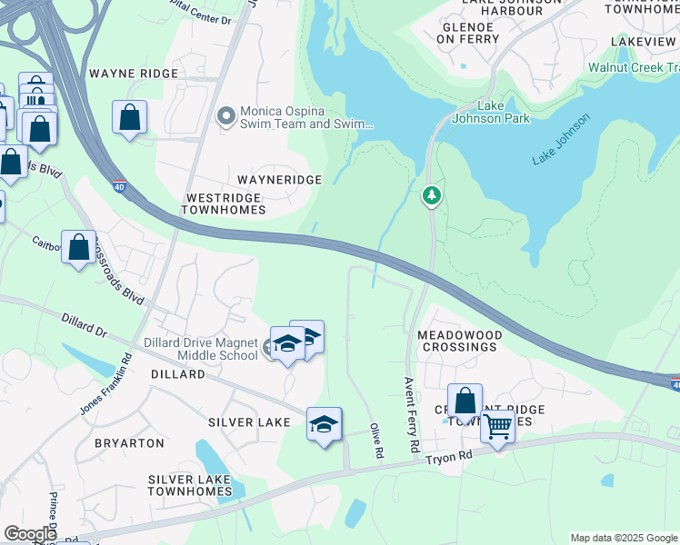 map of restaurants, bars, coffee shops, grocery stores, and more near 5200 Olive Road in Raleigh