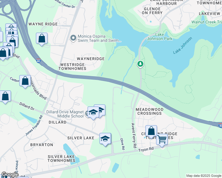 map of restaurants, bars, coffee shops, grocery stores, and more near 5200 Olive Road in Raleigh