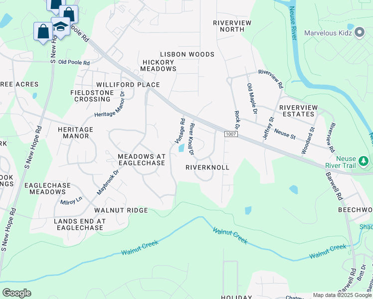 map of restaurants, bars, coffee shops, grocery stores, and more near 1716 River Knoll Drive in Raleigh