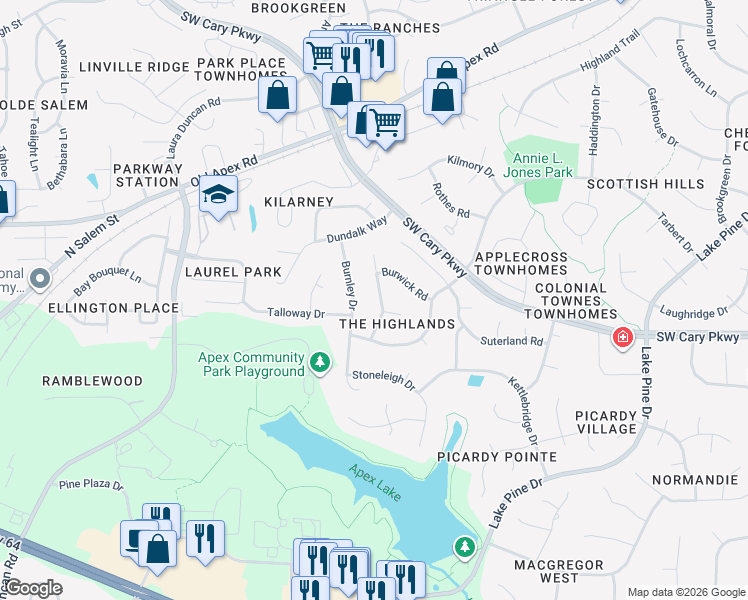 map of restaurants, bars, coffee shops, grocery stores, and more near 1212 Broadford Drive in Cary