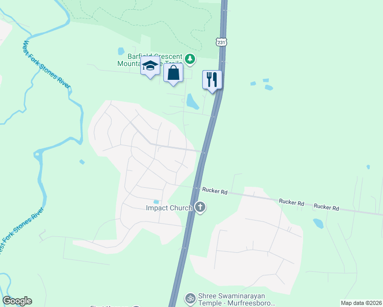 map of restaurants, bars, coffee shops, grocery stores, and more near 106 Mount Royal Court in Murfreesboro