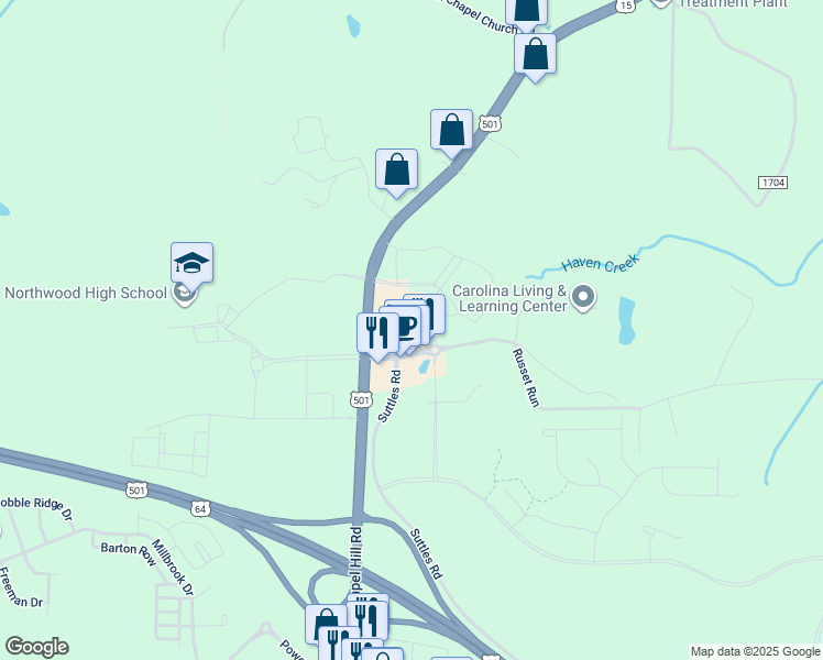 map of restaurants, bars, coffee shops, grocery stores, and more near 120 Mosaic Boulevard in Pittsboro