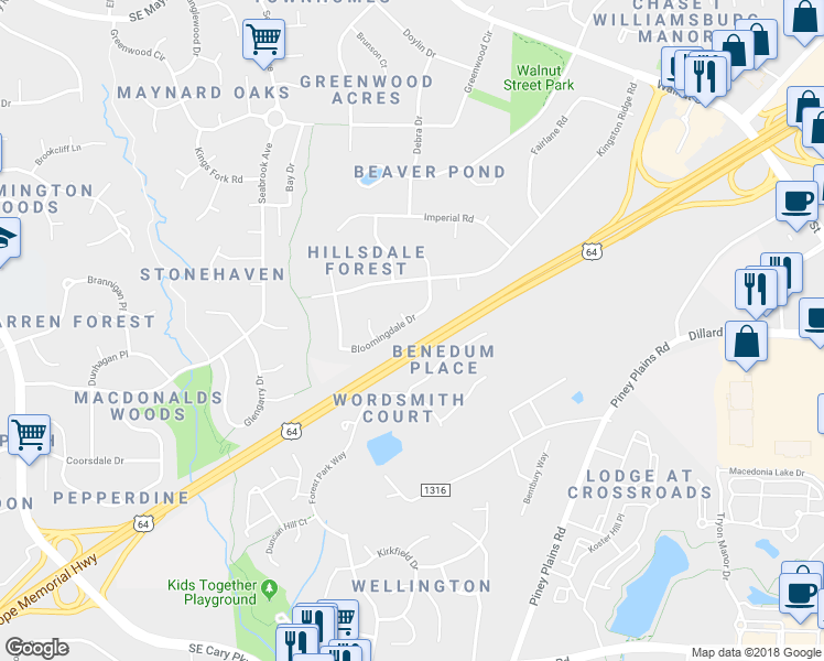 map of restaurants, bars, coffee shops, grocery stores, and more near 1313 Bloomingdale Drive in Cary